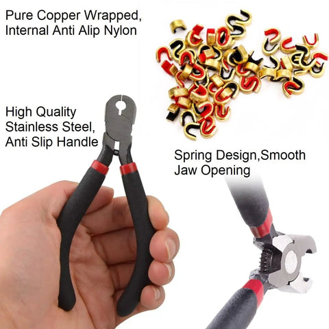 Archery Bow String Nocking Points Kit With T Square Ruler, Nocking Buckle Pliers, And 8 Nocking Buckles in hand and close-up view
