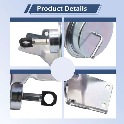 Turbo wastegate vacuum actuator for Acura RDX; chrome housing with mounting bracket and rod (multi-view collage)