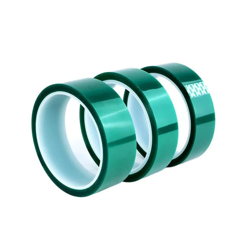 Green PET Tape For High Temperature PCB Soldering And SMT Shielding, three rolls of green heat-resistant tape on white background
