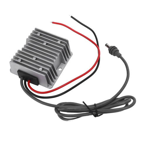 No Stress Step Up DC Boost Converter Cable Delivering Dead Serious 57V 4.5A Amp Output, silver aluminum heatsink with wires.