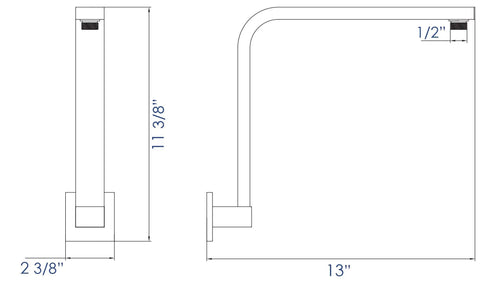 12 Inch Square Raised Wall Mounted Shower Arm With Curved Gooseneck Beefy Solid Brass Polished Chrome Standard Half Inch NPT Heavy Duty Square Pipe Design Built To Last For Large Square Rain Shower Heads