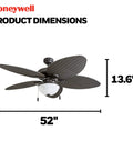 Inland Breeze Tropical 52 Inch Indoor Outdoor Ceiling Fan With Light, Five Blades, Reversible Motor, Pull Chain, Bronze Finish