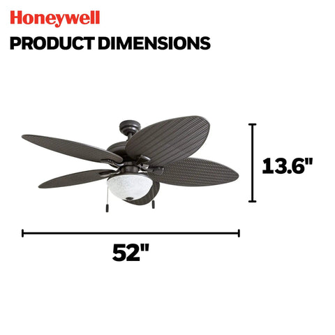 Inland Breeze Tropical 52 Inch Indoor Outdoor Ceiling Fan With Light, Five Blades, Reversible Motor, Pull Chain, Bronze Finish