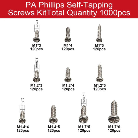 1200-Piece Phillips Self-Tapping Micro Screw Assortment Kit, nickel plated M1 to M1.7 sizes, displayed with labels.