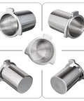 53.4mm Espresso Dosing Cup In 304 Stainless Steel With Grinder Trigger Button shown from multiple angles