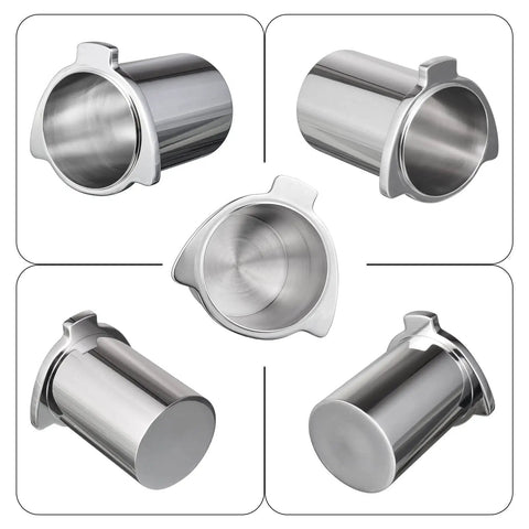 53.4mm Espresso Dosing Cup In 304 Stainless Steel With Grinder Trigger Button shown from multiple angles