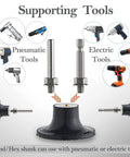 Quick Change Grinding Disc Set supporting tools for pneumatic and electric use with round and hex shank showing compatibility.