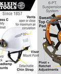 Klein Tools safety helmet with headlamp mounts, chin strap, and adjustable vents, shown with suspension system details.