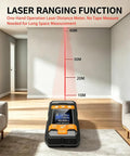 Dead On 4 In 1 Stud Finder Wall Scanner With Laser Range Finder displaying laser distance measurement in a modern room.