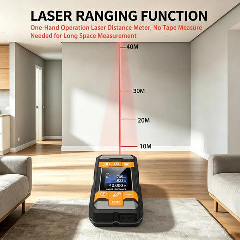 Dead On 4 In 1 Stud Finder Wall Scanner With Laser Range Finder displaying laser distance measurement in a modern room.