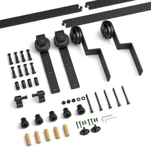 Six Foot Bypass Sliding Barn Door Hardware Kit For Double Wooden Doors With Single Track In Combination Track Mode components shown.
