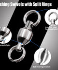 Stainless Steel Ball Bearing Swivels With Split Rings For Saltwater Surf Fishing, 6 Ball Bearings, Nickel Plated Exterior, Anti Rust Durable Tackle Gear For Smooth High Speed Line, Reducing Friction On Fights. 360° smooth spin
