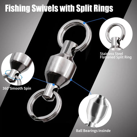 Stainless Steel Ball Bearing Swivels With Split Rings For Saltwater Surf Fishing, 6 Ball Bearings, Nickel Plated Exterior, Anti Rust Durable Tackle Gear For Smooth High Speed Line, Reducing Friction On Fights. 360° smooth spin