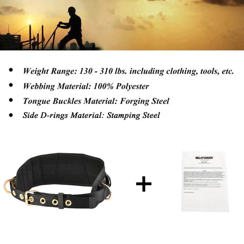 Tongue Buckle Body Belt With Hip Pad And Dual Side D Rings For Personal Fall Arrest, includes instruction manual