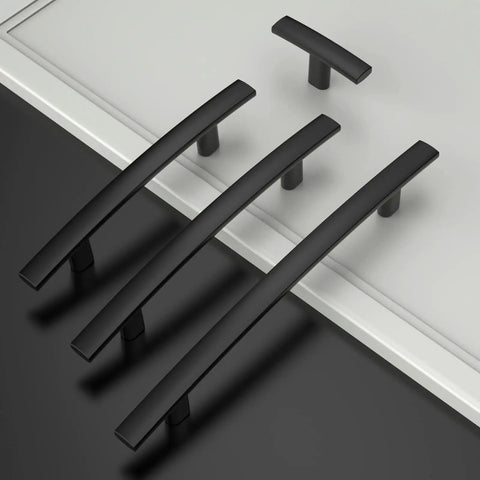 Matte Black Cabinet Knobs Set 2 Inch Single Hole T Bar Handles Beefy Solid Zinc Alloy Cupboard Drawer Pulls Built To Last Kitchen Cabinet Hardware 10 Pack ZH0003MBK displayed on white and black surface