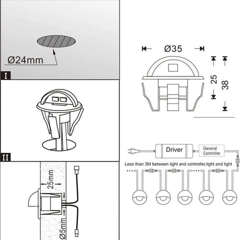 Diagram of Bluetooth And WiFi RGB Deck Step Lights Kit With 20 Recessed 1.38 Inch LED Low Voltage Landscape Lighting For Outdoor