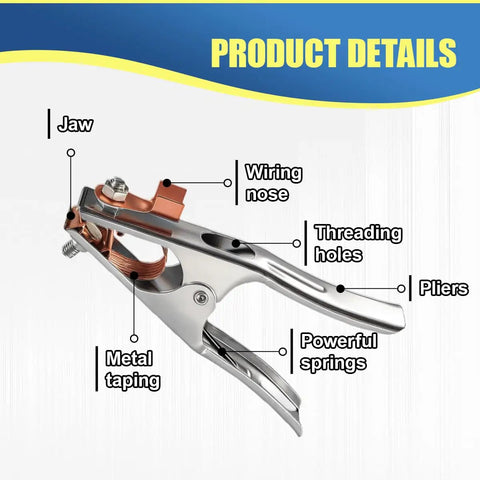 Close-up of 2 Pack 300A Welding Ground Clamp With Copper Plated Jaw showing detailed parts labeled for welding applications.