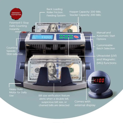 Commercial Grade Money Counter With Ultraviolet And Magnetic Counterfeit Detection, 200 Bill Hopper, Handles Up To 1300 Bills Per Minute, Easy To Read LCD Display, Add And Batch Function, Perfect For Small To Medium Businesses