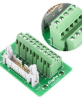 Must-Have IDC Breakout Board 2x10 20 Pin Male Header Terminal Block Connector With 2.54mm Pitch, FRC Flat Ribbon Cable Compatible, Connect Arduino Uno Pins To Peripherals, Includes DIN Rail Mount Carrier And Mounting Screws. Green PCB with 20-pin IDC header and screw terminal block