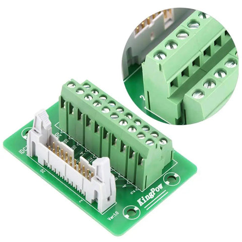 Must-Have IDC Breakout Board 2x10 20 Pin Male Header Terminal Block Connector With 2.54mm Pitch, FRC Flat Ribbon Cable Compatible, Connect Arduino Uno Pins To Peripherals, Includes DIN Rail Mount Carrier And Mounting Screws. Green PCB with 20-pin IDC header and screw terminal block