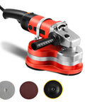 Heavy Duty Electric Concrete Grinder With Variable Speed Control And Side Handle For Quick Floor Resurfacing And 90 Degree Corner Scraping Dust Extractor Hookup Ready Rig For Top Shelf Results, featuring an ergonomic side handle and three grinding discs.