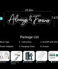 Forever Neon Sign For Weddings And Parties, Cold White LED Wall Decor with package details and setup accessories