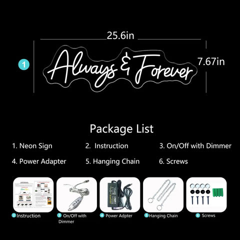 Forever Neon Sign For Weddings And Parties, Cold White LED Wall Decor with package details and setup accessories