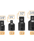 Chrome vanadium swivel impact socket set, 4-piece with 1/4in, 3/8in, 1/2in drives and wobble joints.
