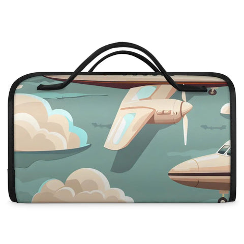 Front view of Airplane Themed Travel Makeup Bag Hanging Roll Up Organizer with airplane design