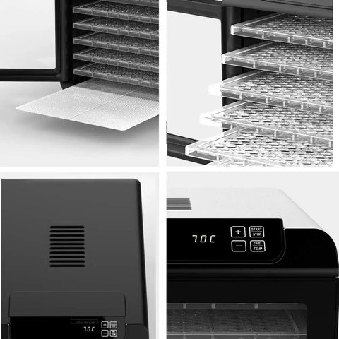 Heavy Duty Six Layer Electric Food Dehydrator For Fresh Fruits Veggies Beef Jerky And Homemade Pet Snacks Featuring Quiet Motor And Fast Dry Modes interior showing trays and control panel.