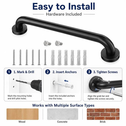 Rock Solid 12 Inch Matte Black Stair Handrail Wall Mounted Grip Aid For Indoor Outdoor Steps installation hardware components