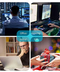 Collage with a man in an office, a gamer at a desk, a person working from home, and hands exchanging a gift, highlighting versatile desk use.
