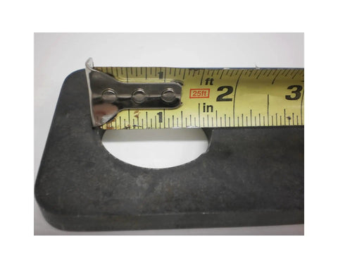 Close-up of 2 Pack Beefy Rectangle Weld On Steel Ramp Gate Holders For Trailers showing hole size with measuring tape.