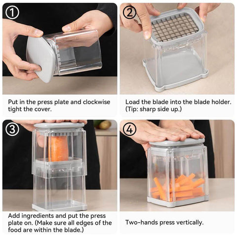 Badelite 3-in-1 kitchen veggie cutter with stainless steel blade; clear plastic body with grey lid.
