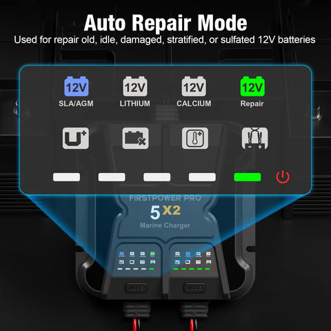 2 Bank Marine Battery Charger 5X2 10A Per Bank 12V Waterproof Onboard Battery Maintainer Desulfator For SLA AGM Lithium LiFePO4 Calcium And Deep Cycle Batteries With Around The Clock Charging Capability