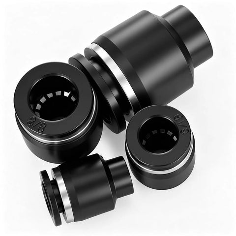 Snag This 10 Piece Pneumatic Quick Connect Kit With Push To Connect Air Line Fitting Plug Adapters In Cap Style For 1/4 5/16 3/8 And 1/2 Inch Tubing That Rock Solid Build For All Your Heavy Duty Projects. black PBT and zinc alloy pneumatic quick-connect fittings for 1/8 and 3/8 air lines