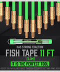 11 Ft Fiberglass Electrical Fish Tape Kit With Coaxial Cable, showcasing rods, brass connectors, and packaging details.