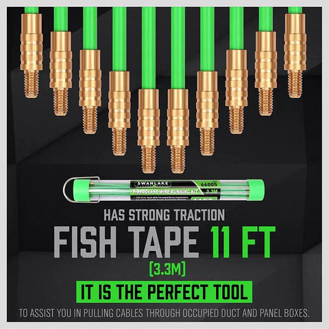 11 Ft Fiberglass Electrical Fish Tape Kit With Coaxial Cable, showcasing rods, brass connectors, and packaging details.