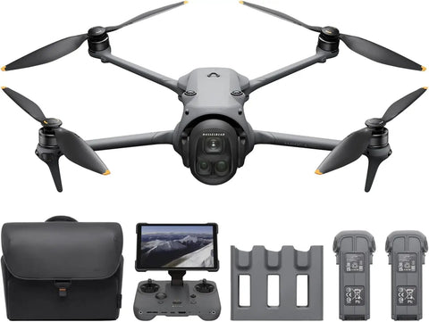 Mavic 4 Pro 512GB Creator Combo With RC Pro 2 Controller Boss Level Tri Camera Drone Featuring 100MP Hasselblad Main Camera Dual Tele Lenses 6K HDR Video 4 Battery Bundle Charging Hub And 128GB SD Card For Serious Aerial Filmmaking with accessories shown.