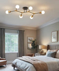 Six Light Gold And Black Sputnik Ceiling Light Fixture Modern Mid Century Vibe Semi Flush Mount in bedroom