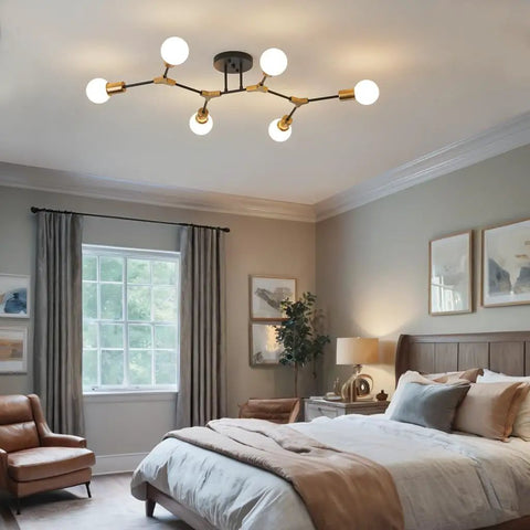 Six Light Gold And Black Sputnik Ceiling Light Fixture Modern Mid Century Vibe Semi Flush Mount in bedroom