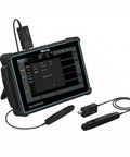 High Frequency AC DC Current Probe For Scope Testing With 50Mhz Bandwidth and Quick Swap 5A or 30A Ranges on a tablet oscilloscope setup.