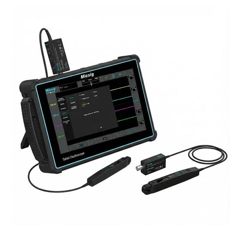 High Frequency AC DC Current Probe For Scope Testing With 50Mhz Bandwidth and Quick Swap 5A or 30A Ranges on a tablet oscilloscope setup.