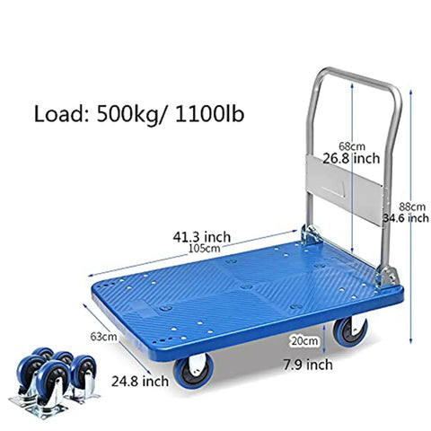 Beast Mode Heavy Duty Platform Cart With Foldable Hand Cart And Large Flatbed For Moving Groceries And Equipment Built Tough For Home Shop And Warehouse, blue flatbed with measurements shown