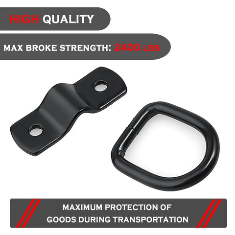 24 Pack Heavy Duty D Rings Tie Down Anchors Built Different With Swiveling Mounts Rugged Quarter Inch Steel Lashing Hooks Handle Gnarly Loads Up To 2400 Pounds For Pickup Truck Trailer Cargo, showing black steel D ring and mount.