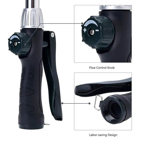 Close-up of ergonomic handle and flow control knob on Watering Wand 16 Inch Heavy Duty Garden Tool With 8 Spray Patterns.