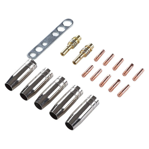 Copper Welding Torch Consumables Set With Protection Nozzle, Contact Tip, and Connecting Kit for MIG Welders displayed on white