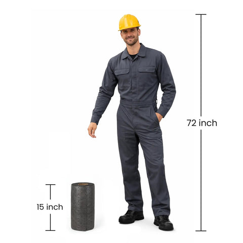 Get That Spill Ready Universal Absorbent Mat Roll 15 Inches By 50 Feet For Shops With 4 Rolls, Absorbing Up To 6 Gallons Per Roll, Perfect Gray Sorbent Pad For Oil Water Coolant And Hydraulic Fluids In Your Garage Or Warehouse next to a worker in safety gear.