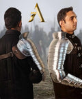 Two views of Medieval Single Pauldron Spartacus Cosplay Armor Arm Sleeve for LARP Gladiator Knight Costume Silver Metal Full Arm Sleeve