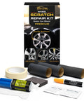 Top Shelf Gloss Silver Wheel Scratch Repair Kit For Smashing Gnarly Curb Rash On Beat Up Alloy Rims Includes Filler Sandpaper Tape And Brush For A Smooth Road Ready Shine On Your Ride with tools and packaging.